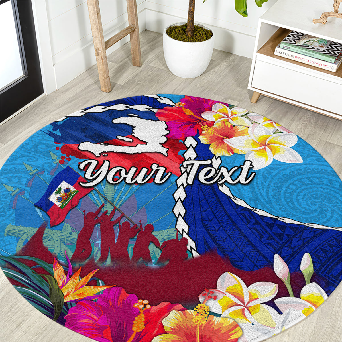 Personalised Haiti 220th Anniversary Independence Day Round Carpet Ayiti Flower with Polynesian Pattern LT03 Blue - Polynesian Pride