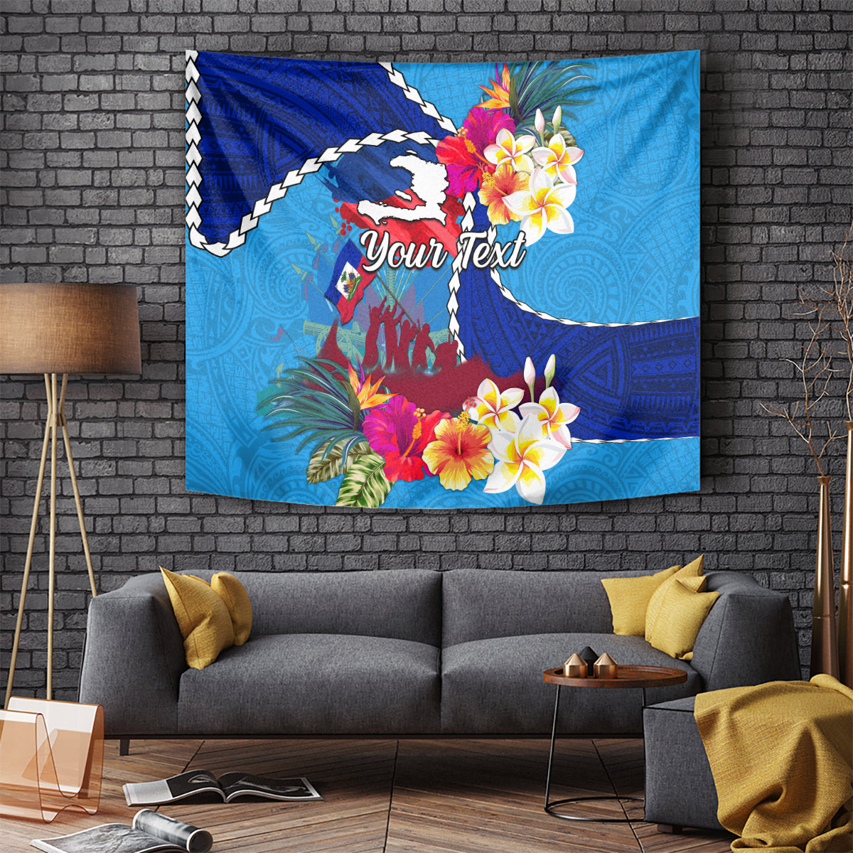 Personalised Haiti 220th Anniversary Independence Day Tapestry Ayiti Flower with Polynesian Pattern LT03 Blue - Polynesian Pride