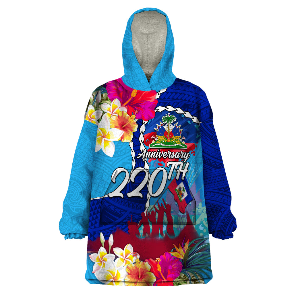 Personalised Haiti 220th Anniversary Independence Day Wearable Blanket Hoodie Ayiti Flower with Polynesian Pattern LT03 One Size Blue - Polynesian Pride