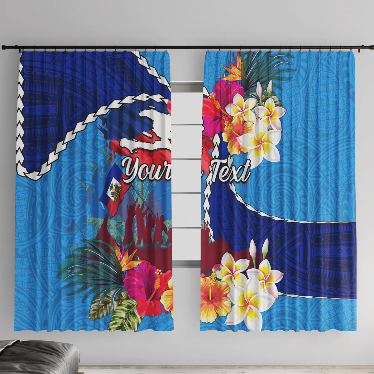 Personalised Haiti 220th Anniversary Independence Day Window Curtain Ayiti Flower with Polynesian Pattern LT03 With Hooks Blue - Polynesian Pride