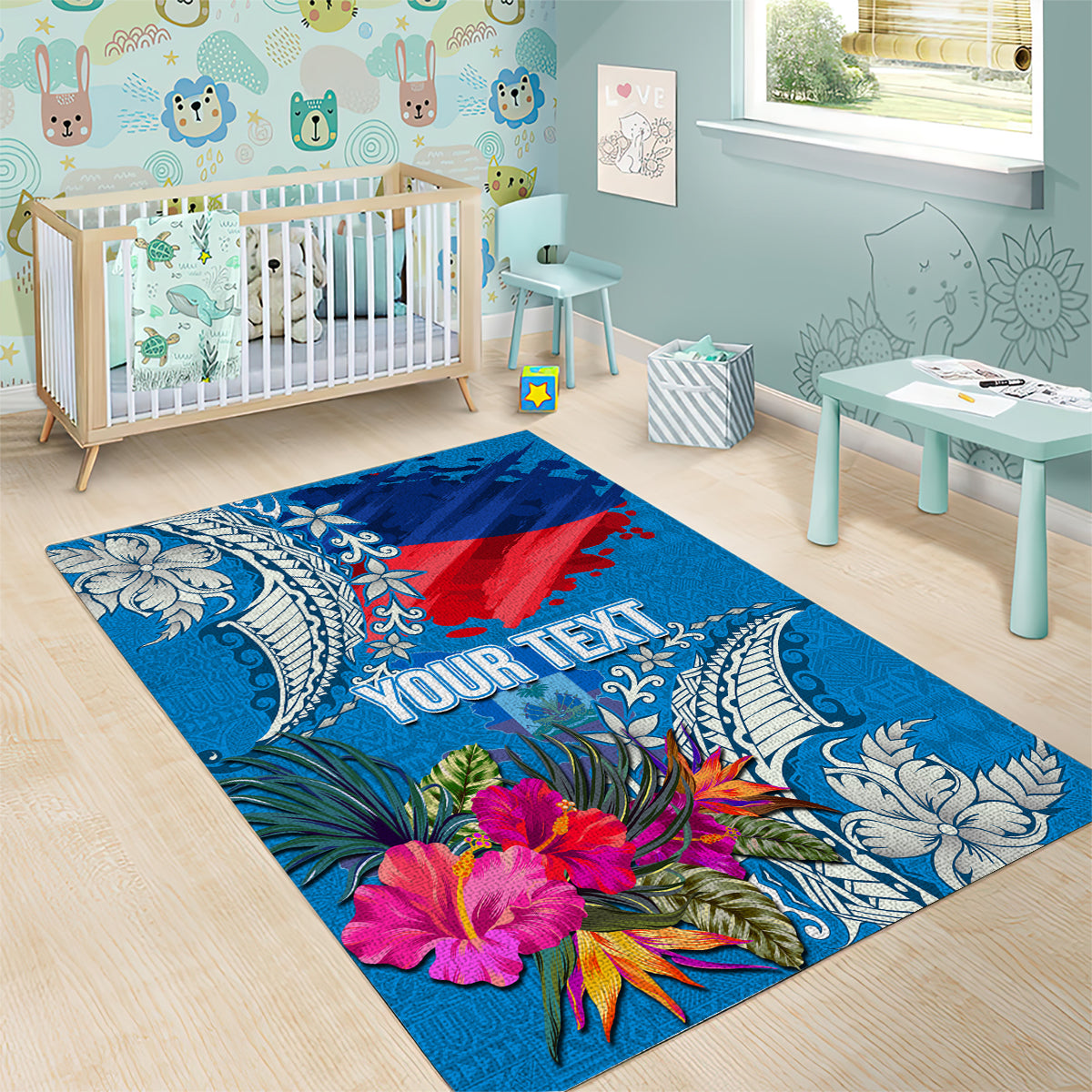 Personalised Haiti Coat Of Arms Area Rug Repiblik d Ayiti Tropical Flower Blue Polynesian Pattern LT03 - Polynesian Pride