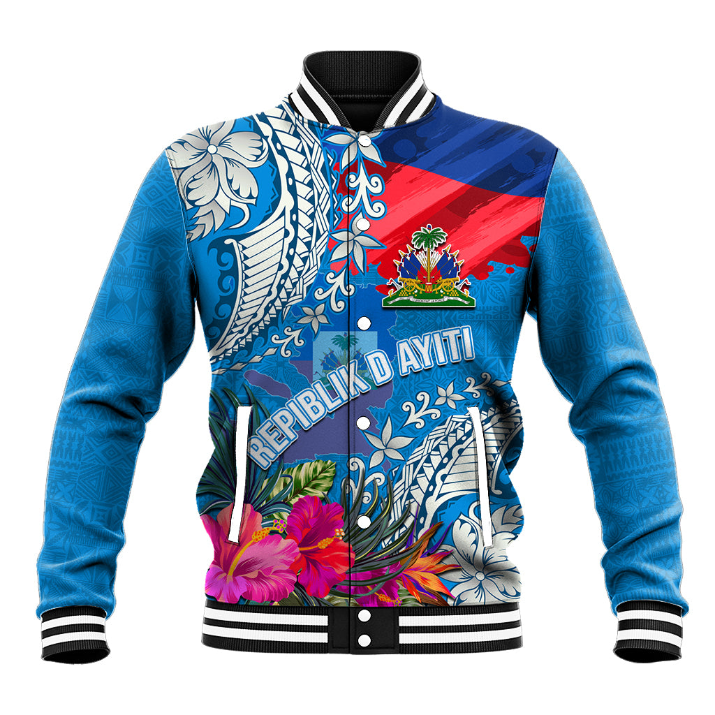 Personalised Haiti Coat Of Arms Baseball Jacket Repiblik d Ayiti Tropical Flower Blue Polynesian Pattern LT03 Unisex Blue - Polynesian Pride