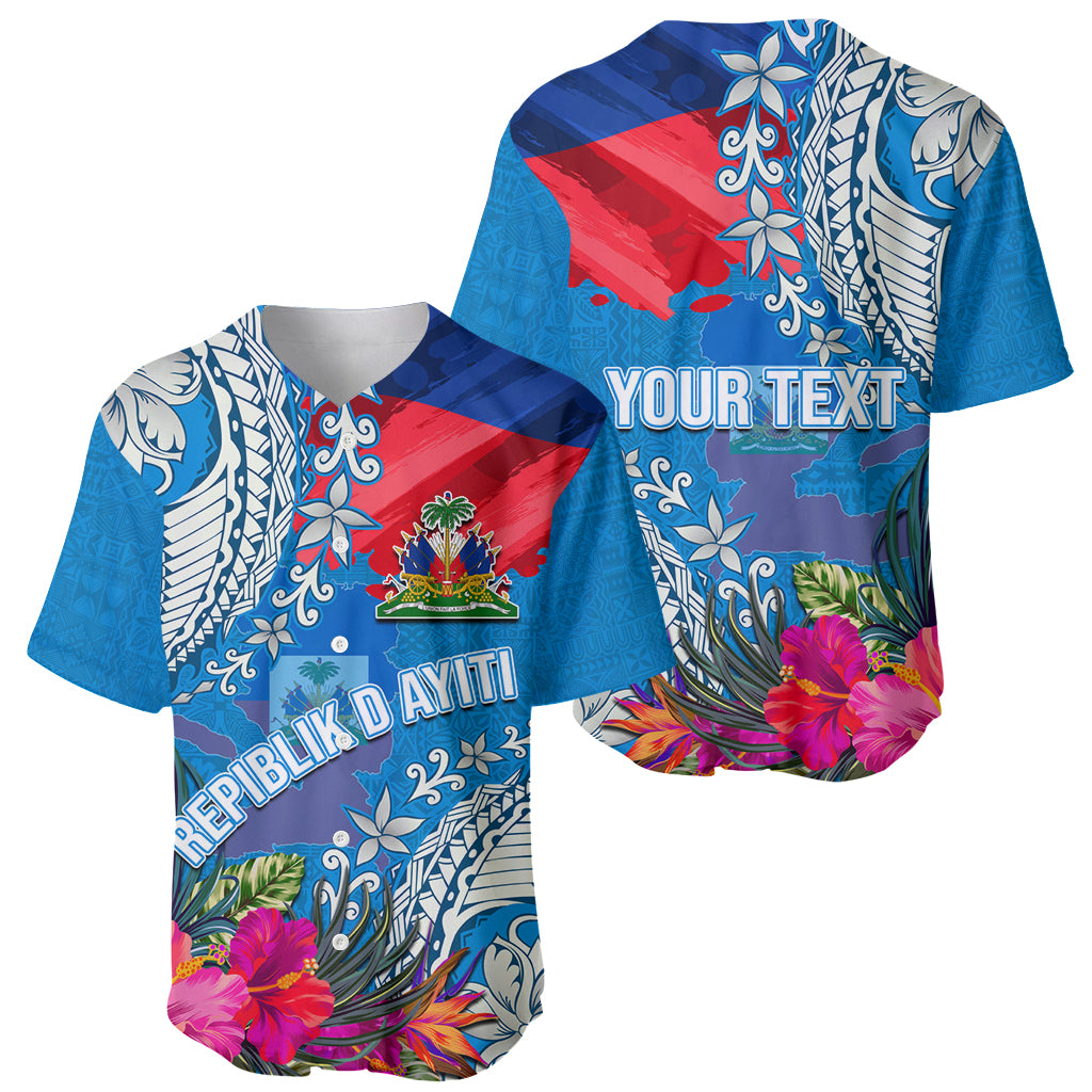 Personalised Haiti Coat Of Arms Baseball Jersey Repiblik d Ayiti Tropical Flower Blue Polynesian Pattern LT03 - Polynesian Pride