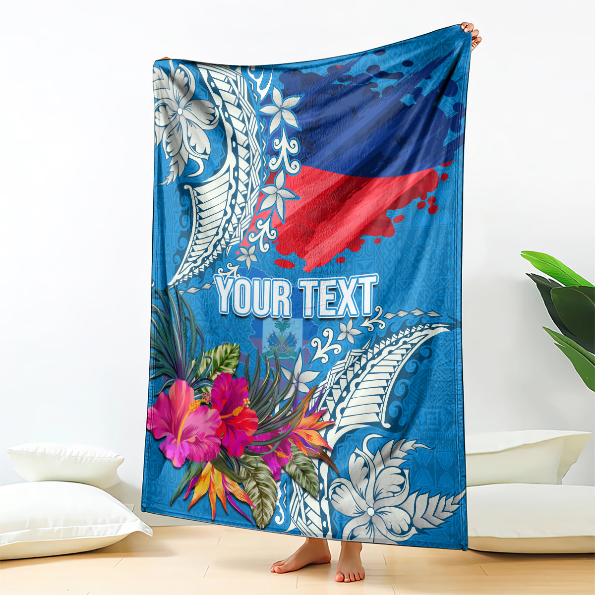 Personalised Haiti Coat Of Arms Blanket Repiblik d Ayiti Tropical Flower Blue Polynesian Pattern LT03 Blue - Polynesian Pride