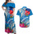 Personalised Haiti Coat Of Arms Couples Matching Off Shoulder Maxi Dress and Hawaiian Shirt Repiblik d Ayiti Tropical Flower Blue Polynesian Pattern LT03 Blue - Polynesian Pride