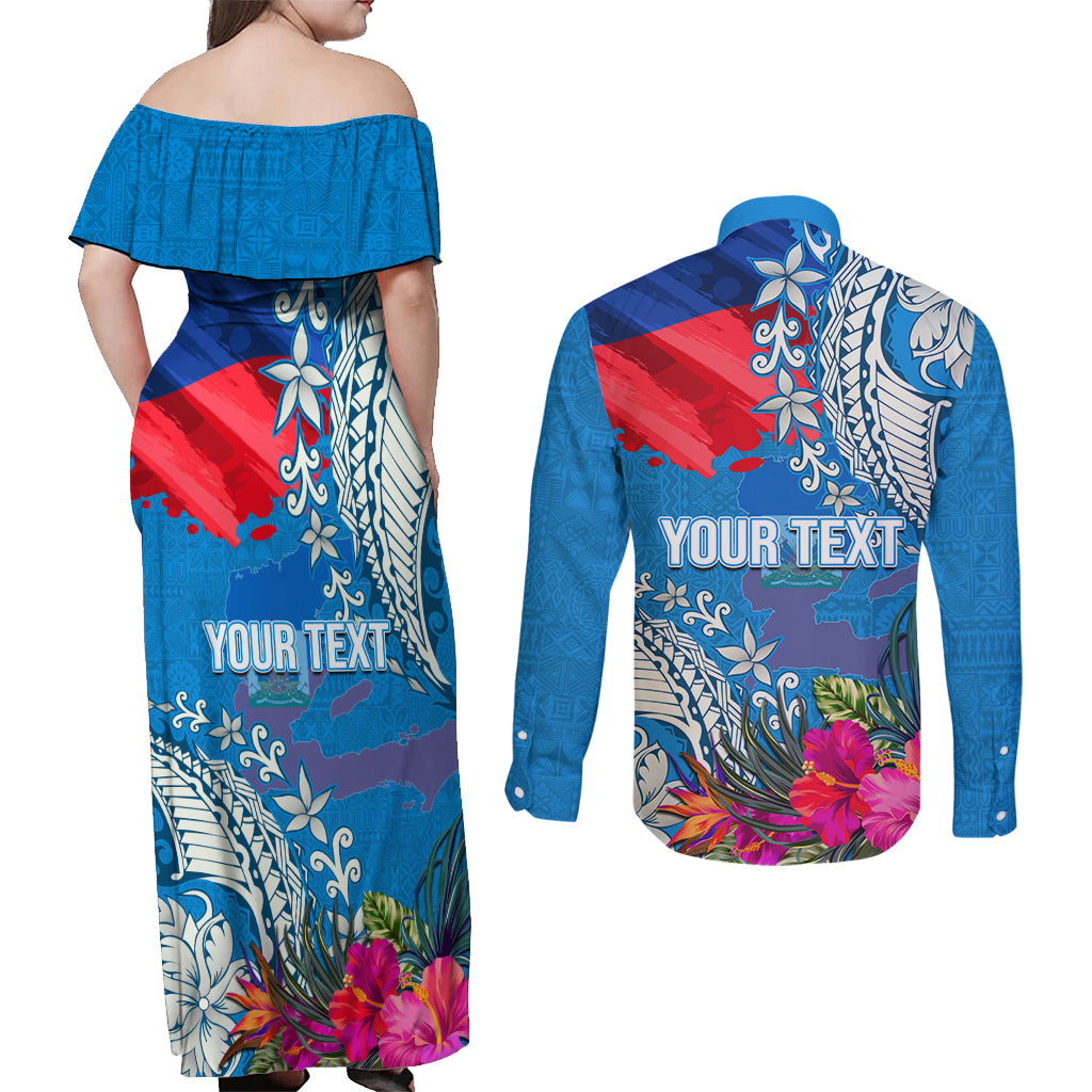 Personalised Haiti Coat Of Arms Couples Matching Off Shoulder Maxi Dress and Long Sleeve Button Shirt Repiblik d Ayiti Tropical Flower Blue Polynesian Pattern LT03 - Polynesian Pride