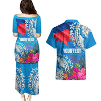 Personalised Haiti Coat Of Arms Couples Matching Puletasi Dress and Hawaiian Shirt Repiblik d Ayiti Tropical Flower Blue Polynesian Pattern LT03 - Polynesian Pride