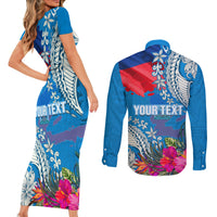 Personalised Haiti Coat Of Arms Couples Matching Short Sleeve Bodycon Dress and Long Sleeve Button Shirt Repiblik d Ayiti Tropical Flower Blue Polynesian Pattern LT03 - Polynesian Pride
