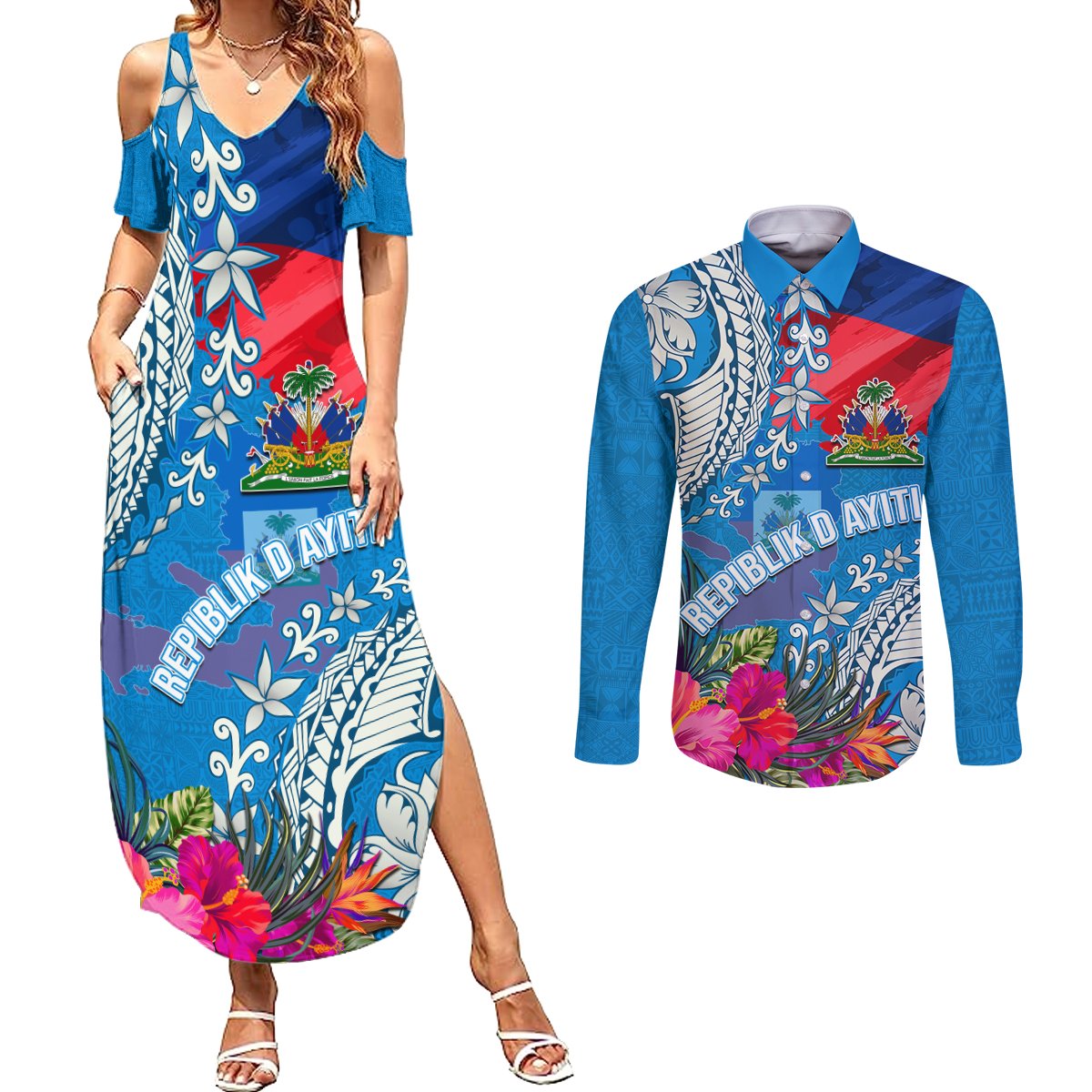 Personalised Haiti Coat Of Arms Couples Matching Summer Maxi Dress and Long Sleeve Button Shirt Repiblik d Ayiti Tropical Flower Blue Polynesian Pattern LT03 Blue - Polynesian Pride