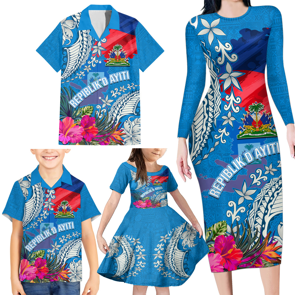 Personalised Haiti Coat Of Arms Family Matching Long Sleeve Bodycon Dress and Hawaiian Shirt Repiblik d Ayiti Tropical Flower Blue Polynesian Pattern LT03 - Polynesian Pride