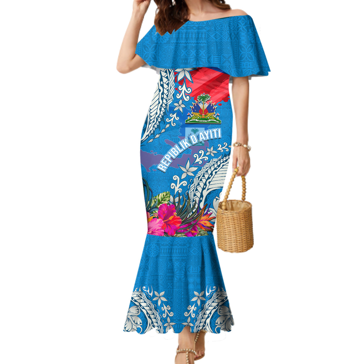 Personalised Haiti Coat Of Arms Family Matching Mermaid Dress and Hawaiian Shirt Repiblik d Ayiti Tropical Flower Blue Polynesian Pattern LT03 Mom's Dress Blue - Polynesian Pride