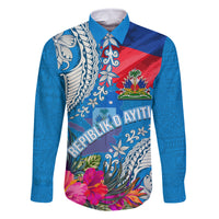 Personalised Haiti Coat Of Arms Family Matching Off Shoulder Maxi Dress and Hawaiian Shirt Repiblik d Ayiti Tropical Flower Blue Polynesian Pattern LT03 Dad's Shirt - Long Sleeve Blue - Polynesian Pride