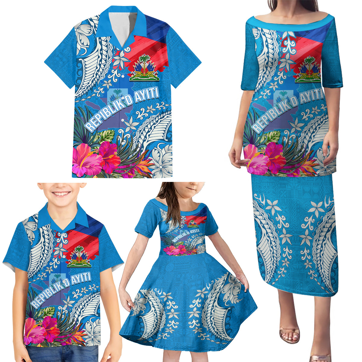 Personalised Haiti Coat Of Arms Family Matching Puletasi Dress and Hawaiian Shirt Repiblik d Ayiti Tropical Flower Blue Polynesian Pattern LT03 - Polynesian Pride