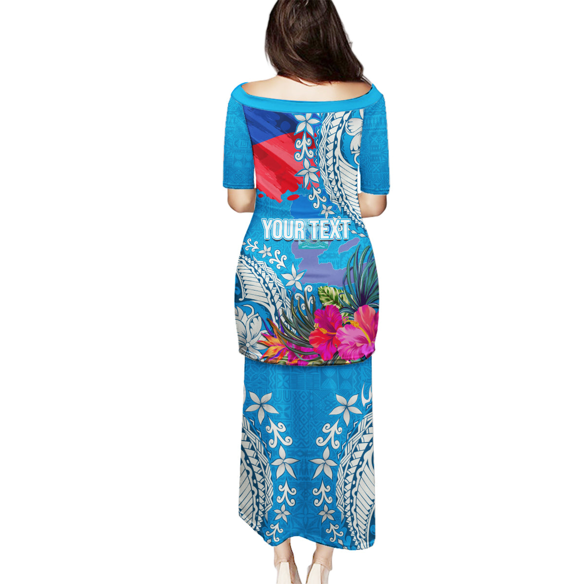 Personalised Haiti Coat Of Arms Family Matching Puletasi Dress and Hawaiian Shirt Repiblik d Ayiti Tropical Flower Blue Polynesian Pattern LT03 - Polynesian Pride