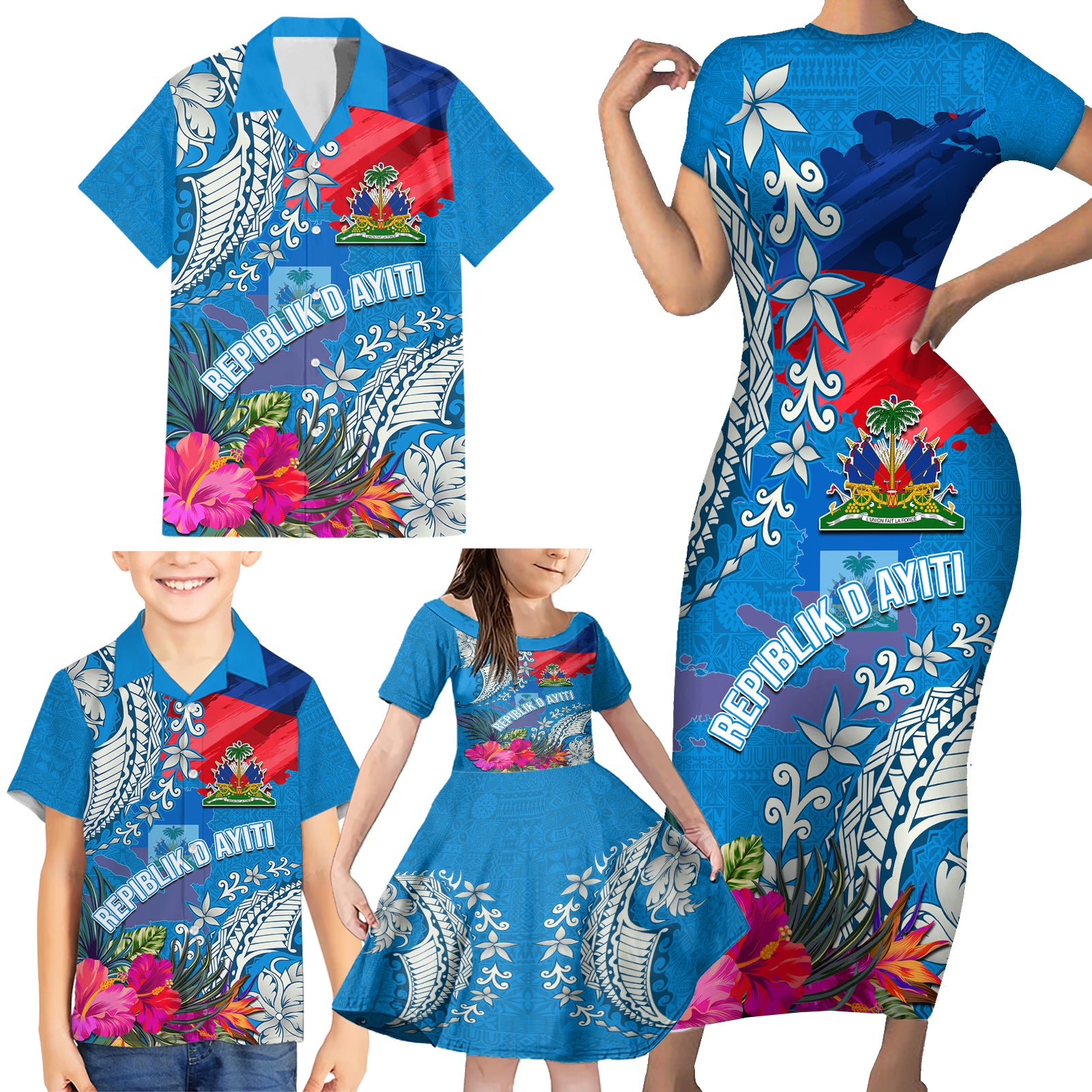 Personalised Haiti Coat Of Arms Family Matching Short Sleeve Bodycon Dress and Hawaiian Shirt Repiblik d Ayiti Tropical Flower Blue Polynesian Pattern LT03 - Polynesian Pride