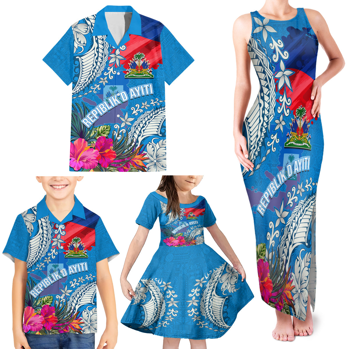 Personalised Haiti Coat Of Arms Family Matching Tank Maxi Dress and Hawaiian Shirt Repiblik d Ayiti Tropical Flower Blue Polynesian Pattern LT03 - Polynesian Pride