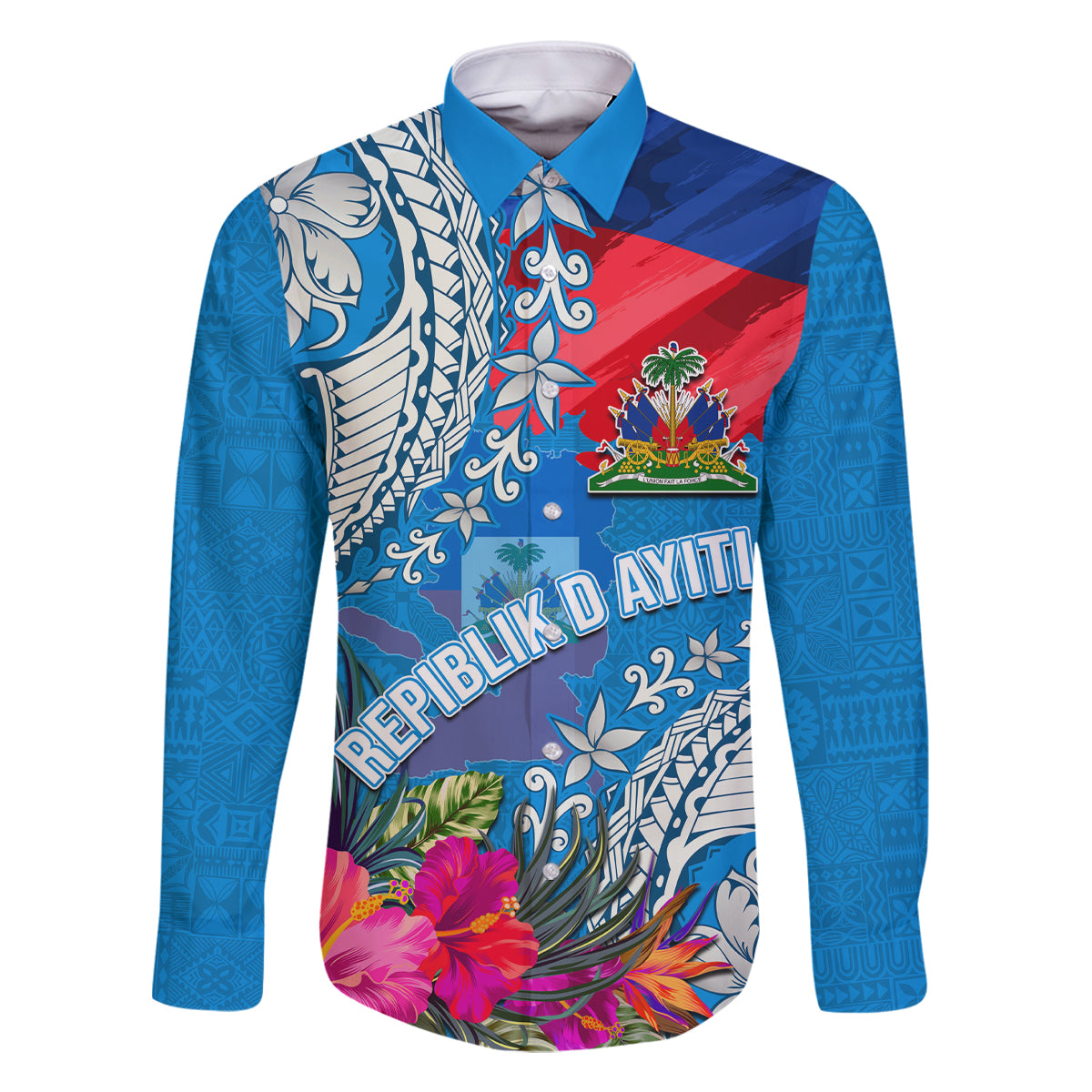 Personalised Haiti Coat Of Arms Family Matching Tank Maxi Dress and Hawaiian Shirt Repiblik d Ayiti Tropical Flower Blue Polynesian Pattern LT03 Dad's Shirt - Long Sleeve Blue - Polynesian Pride