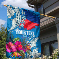 Personalised Haiti Coat Of Arms Garden Flag Repiblik d Ayiti Tropical Flower Blue Polynesian Pattern LT03 - Polynesian Pride