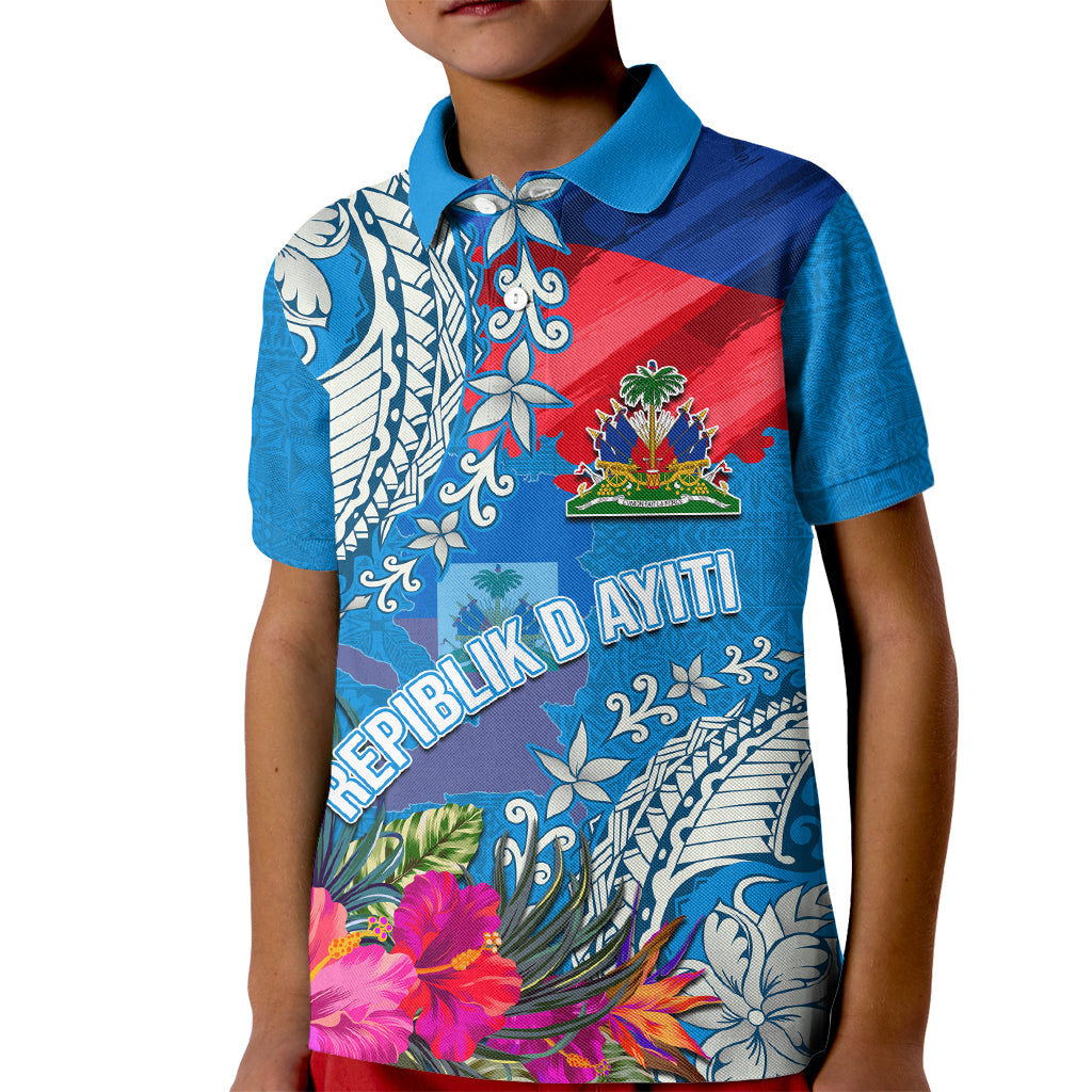 Personalised Haiti Coat Of Arms Kid Polo Shirt Repiblik d Ayiti Tropical Flower Blue Polynesian Pattern LT03 Kid Blue - Polynesian Pride
