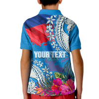 Personalised Haiti Coat Of Arms Kid Polo Shirt Repiblik d Ayiti Tropical Flower Blue Polynesian Pattern LT03 - Polynesian Pride