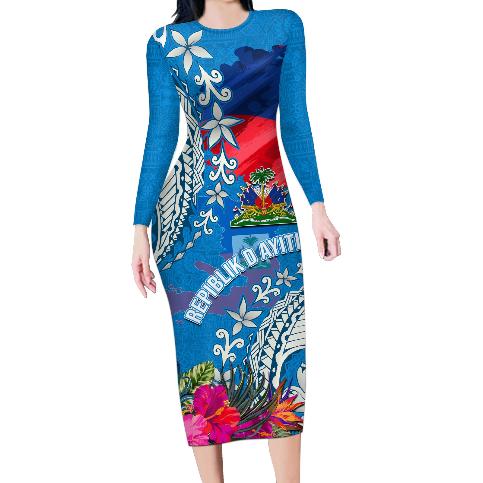 Personalised Haiti Coat Of Arms Long Sleeve Bodycon Dress Repiblik d Ayiti Tropical Flower Blue Polynesian Pattern LT03 Long Dress Blue - Polynesian Pride