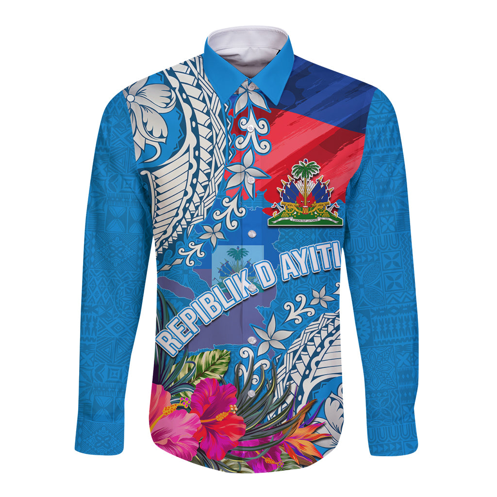 Personalised Haiti Coat Of Arms Long Sleeve Button Shirt Repiblik d Ayiti Tropical Flower Blue Polynesian Pattern LT03 Unisex Blue - Polynesian Pride