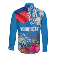 Personalised Haiti Coat Of Arms Long Sleeve Button Shirt Repiblik d Ayiti Tropical Flower Blue Polynesian Pattern LT03 - Polynesian Pride