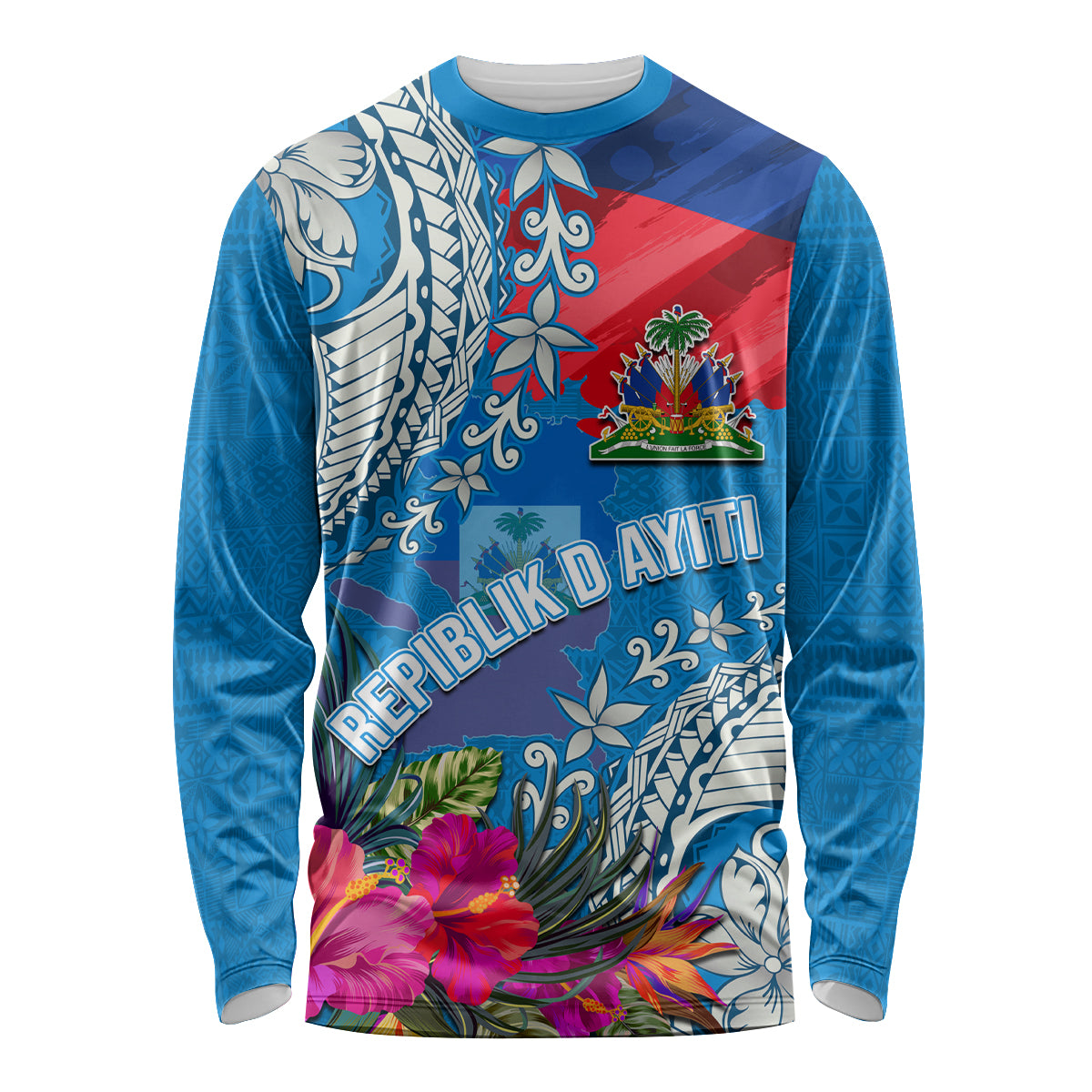 Personalised Haiti Coat Of Arms Long Sleeve Shirt Repiblik d Ayiti Tropical Flower Blue Polynesian Pattern LT03 Unisex Blue - Polynesian Pride