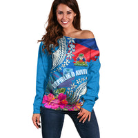 Personalised Haiti Coat Of Arms Off Shoulder Sweater Repiblik d Ayiti Tropical Flower Blue Polynesian Pattern LT03 Women Blue - Polynesian Pride