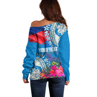 Personalised Haiti Coat Of Arms Off Shoulder Sweater Repiblik d Ayiti Tropical Flower Blue Polynesian Pattern LT03 - Polynesian Pride
