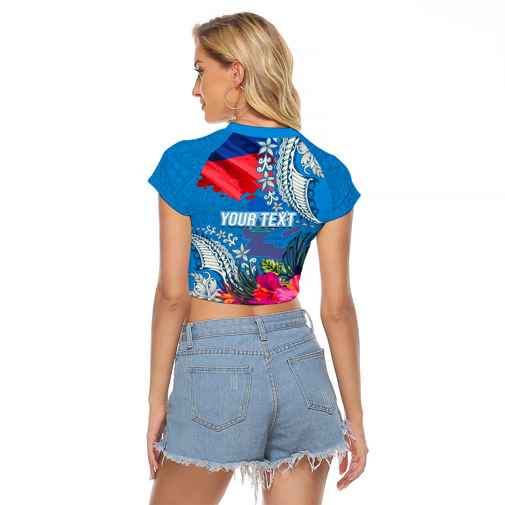 Personalised Haiti Coat Of Arms Raglan Cropped T Shirt Repiblik d Ayiti Tropical Flower Blue Polynesian Pattern LT03 - Polynesian Pride