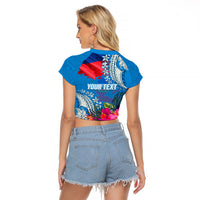 Personalised Haiti Coat Of Arms Raglan Cropped T Shirt Repiblik d Ayiti Tropical Flower Blue Polynesian Pattern LT03 - Polynesian Pride