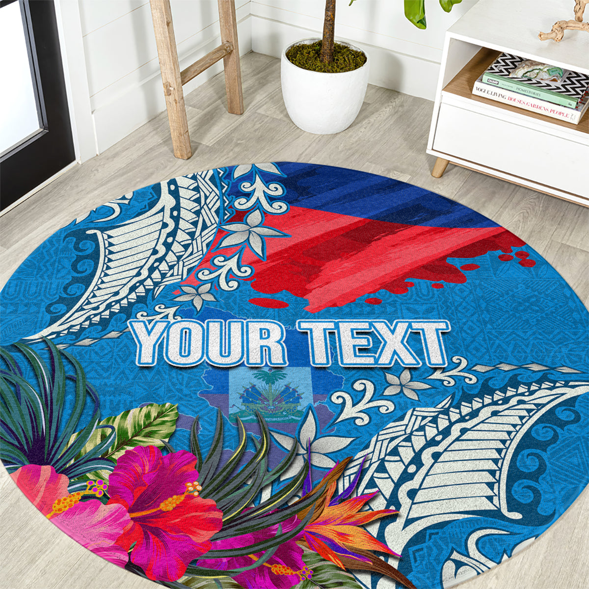 Personalised Haiti Coat Of Arms Round Carpet Repiblik d Ayiti Tropical Flower Blue Polynesian Pattern LT03 Blue - Polynesian Pride