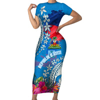 Personalised Haiti Coat Of Arms Short Sleeve Bodycon Dress Repiblik d Ayiti Tropical Flower Blue Polynesian Pattern LT03 Long Dress Blue - Polynesian Pride