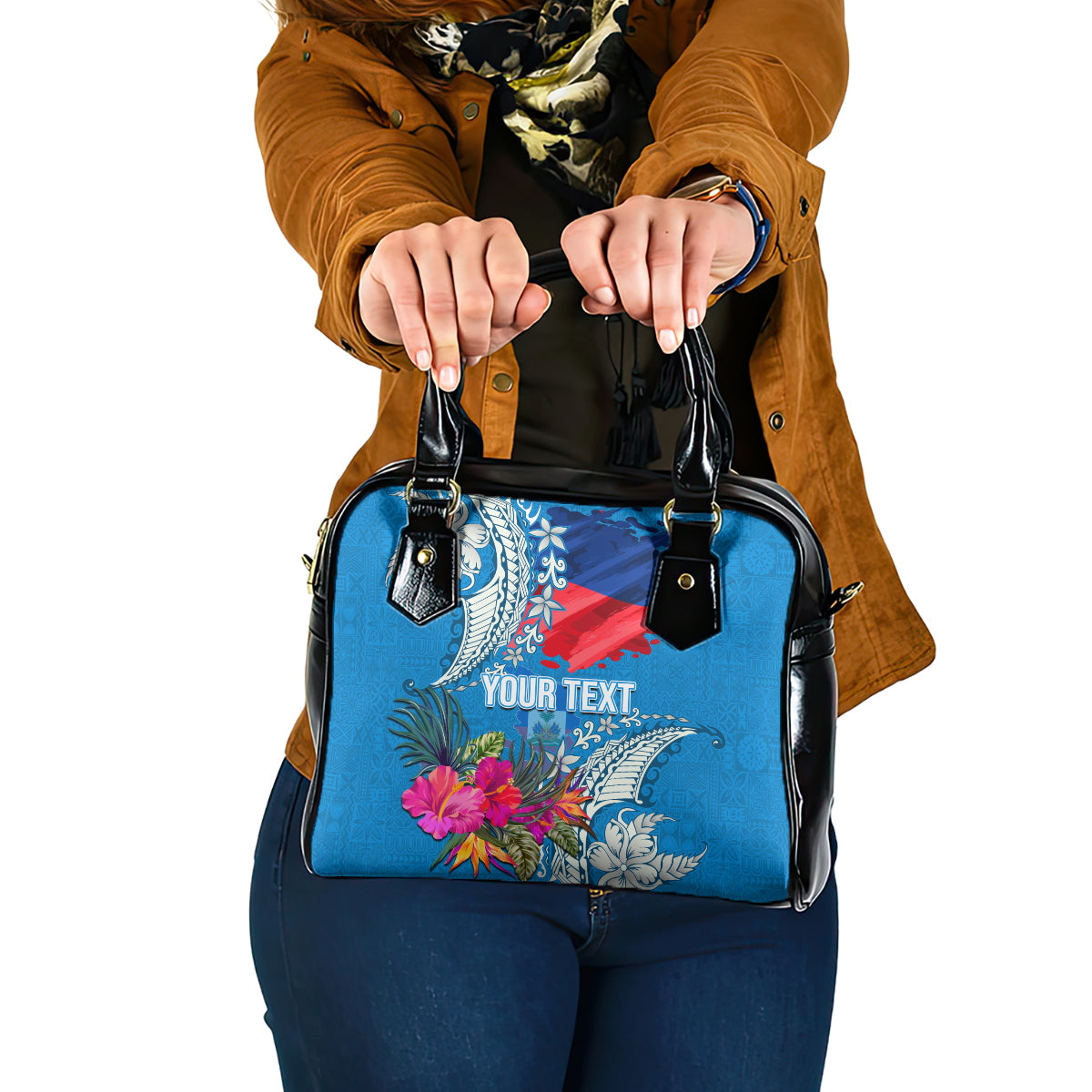 Personalised Haiti Coat Of Arms Shoulder Handbag Repiblik d Ayiti Tropical Flower Blue Polynesian Pattern LT03 One Size Blue - Polynesian Pride