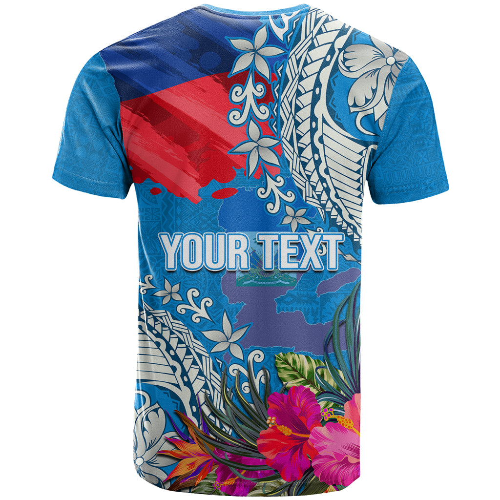 Personalised Haiti Coat Of Arms T Shirt Repiblik d Ayiti Tropical Flower Blue Polynesian Pattern LT03 - Polynesian Pride