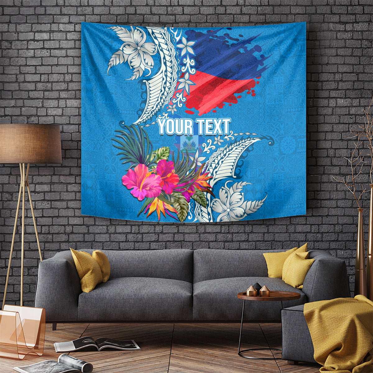 Personalised Haiti Coat Of Arms Tapestry Repiblik d Ayiti Tropical Flower Blue Polynesian Pattern LT03 Blue - Polynesian Pride