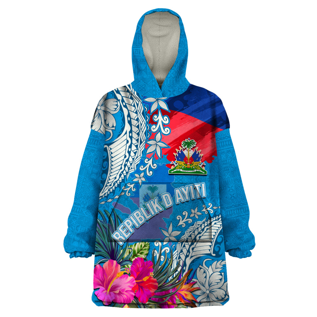 Personalised Haiti Coat Of Arms Wearable Blanket Hoodie Repiblik d Ayiti Tropical Flower Blue Polynesian Pattern LT03 One Size Blue - Polynesian Pride