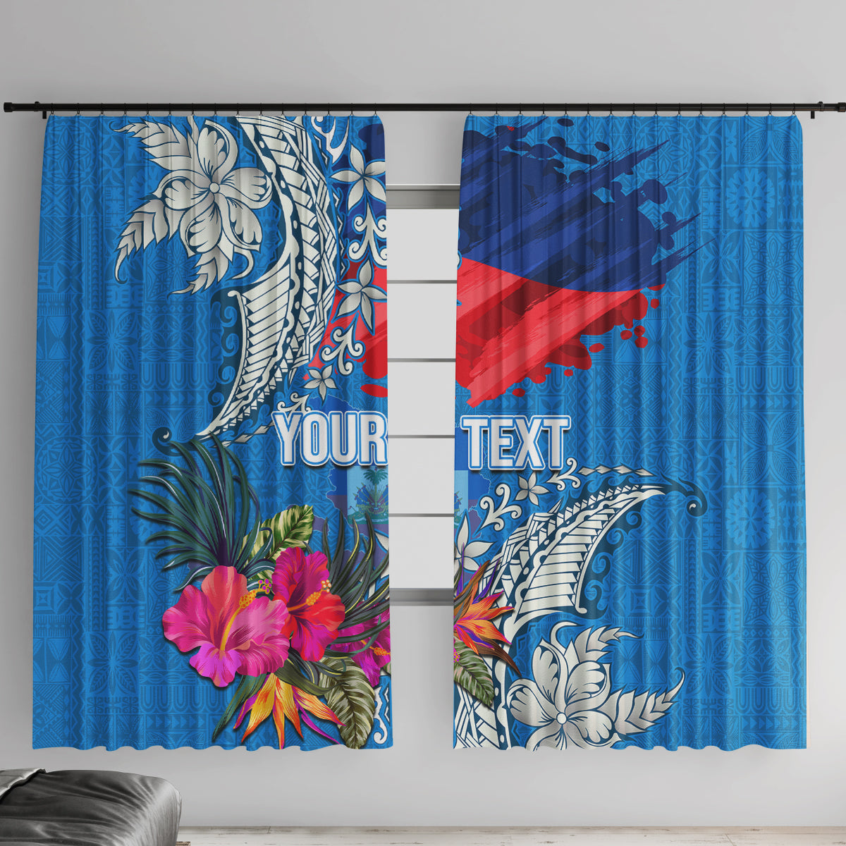 Personalised Haiti Coat Of Arms Window Curtain Repiblik d Ayiti Tropical Flower Blue Polynesian Pattern LT03 With Hooks Blue - Polynesian Pride