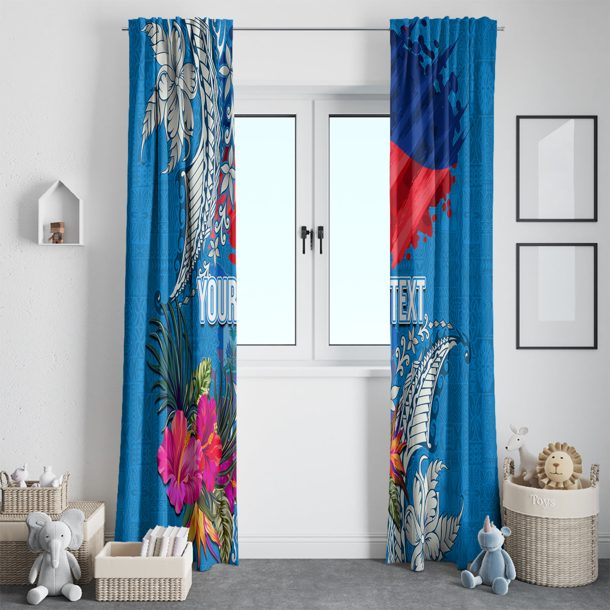 Personalised Haiti Coat Of Arms Window Curtain Repiblik d Ayiti Tropical Flower Blue Polynesian Pattern LT03 - Polynesian Pride