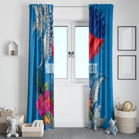 Personalised Haiti Coat Of Arms Window Curtain Repiblik d Ayiti Tropical Flower Blue Polynesian Pattern LT03 - Polynesian Pride