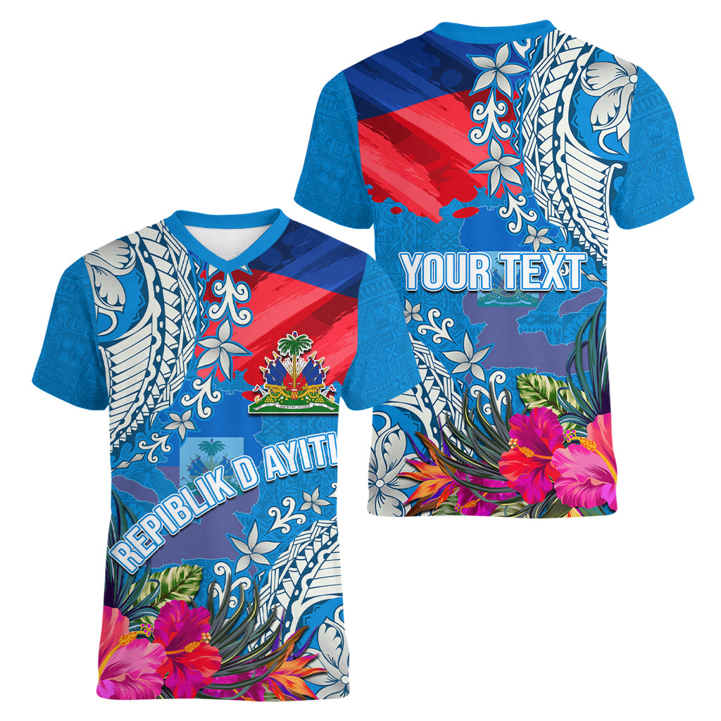Personalised Haiti Coat Of Arms Women V Neck T Shirt Repiblik d Ayiti Tropical Flower Blue Polynesian Pattern LT03 - Polynesian Pride