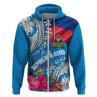 Personalised Haiti Coat Of Arms Zip Hoodie Repiblik d Ayiti Tropical Flower Blue Polynesian Pattern LT03 Zip Hoodie Blue - Polynesian Pride
