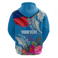 Personalised Haiti Coat Of Arms Zip Hoodie Repiblik d Ayiti Tropical Flower Blue Polynesian Pattern LT03 - Polynesian Pride