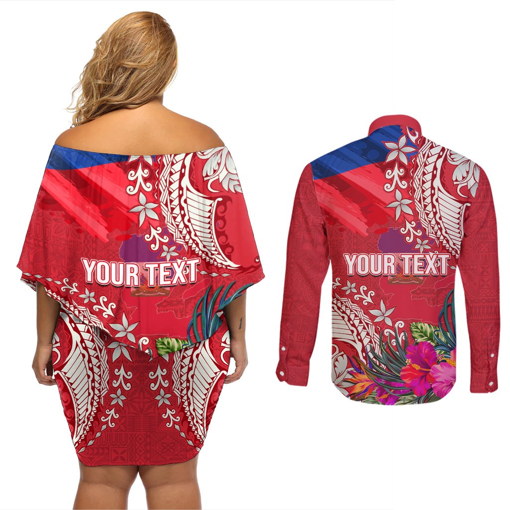Personalised Haiti Coat Of Arms Couples Matching Off Shoulder Short Dress and Long Sleeve Button Shirt Repiblik d Ayiti Tropical Flower Red Polynesian Pattern LT03 - Polynesian Pride