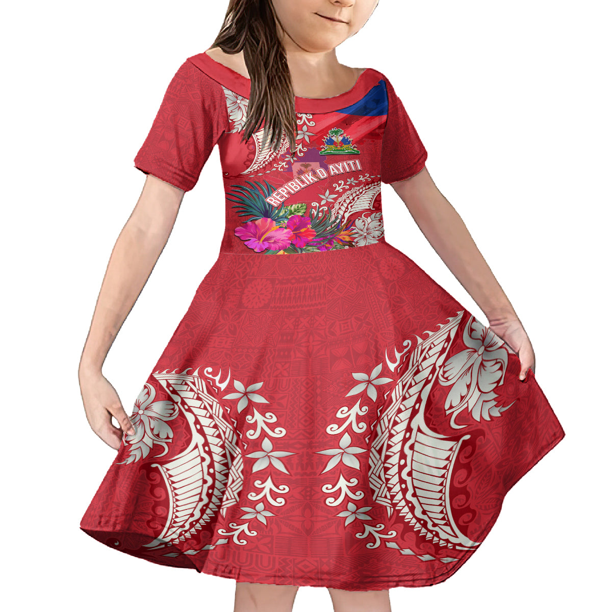 Personalised Haiti Coat Of Arms Family Matching Long Sleeve Bodycon Dress and Hawaiian Shirt Repiblik d Ayiti Tropical Flower Red Polynesian Pattern LT03 Daughter's Dress Red - Polynesian Pride