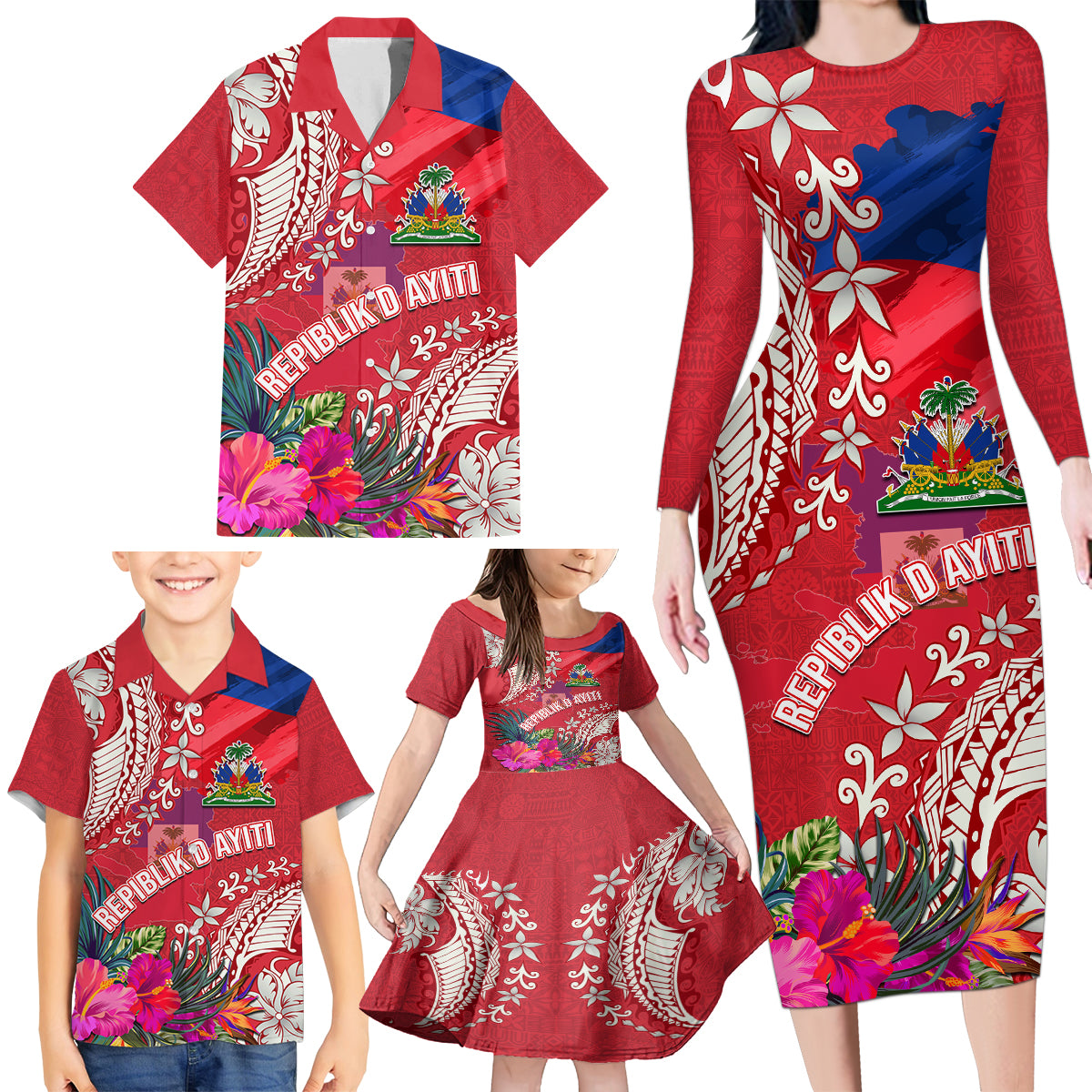 Personalised Haiti Coat Of Arms Family Matching Long Sleeve Bodycon Dress and Hawaiian Shirt Repiblik d Ayiti Tropical Flower Red Polynesian Pattern LT03 - Polynesian Pride