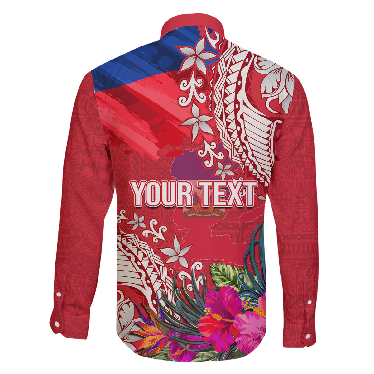 Personalised Haiti Coat Of Arms Family Matching Long Sleeve Bodycon Dress and Hawaiian Shirt Repiblik d Ayiti Tropical Flower Red Polynesian Pattern LT03 - Polynesian Pride