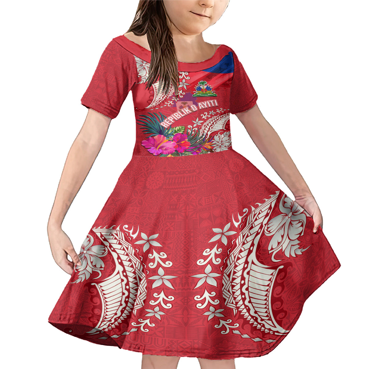 Personalised Haiti Coat Of Arms Family Matching Mermaid Dress and Hawaiian Shirt Repiblik d Ayiti Tropical Flower Red Polynesian Pattern LT03 Daughter's Dress Red - Polynesian Pride