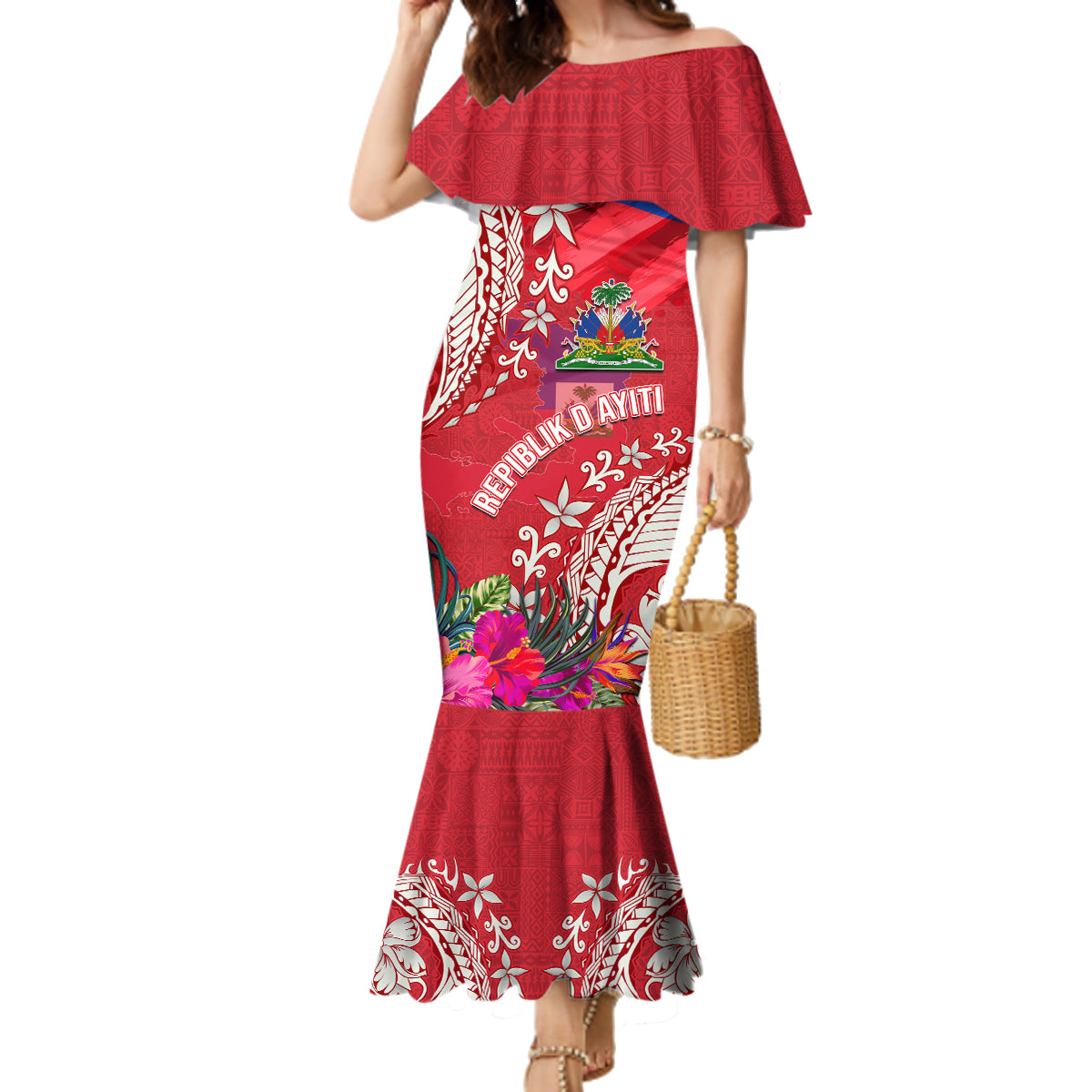 Personalised Haiti Coat Of Arms Family Matching Mermaid Dress and Hawaiian Shirt Repiblik d Ayiti Tropical Flower Red Polynesian Pattern LT03 Mom's Dress Red - Polynesian Pride